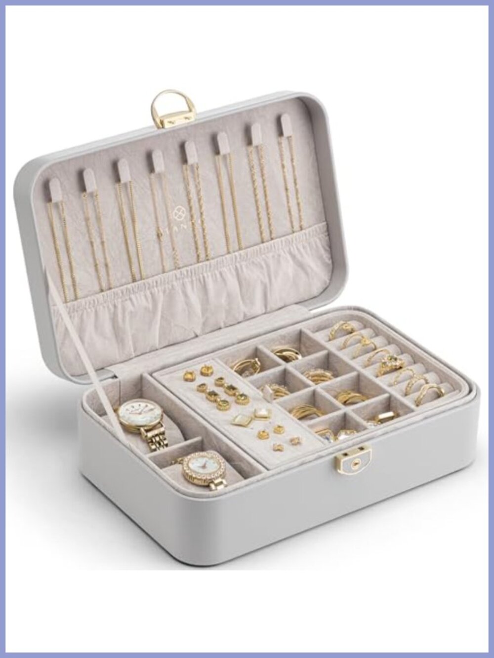 VLANDO 2 Layer Jewelry Box Faux Leather Lockable Organizer with Watch Pillow